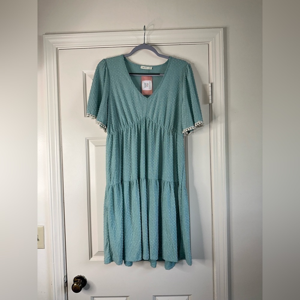 Mint Blue Reborn J dress Women Size Large V Neck Pleated Flowy - Picture 9 of 13